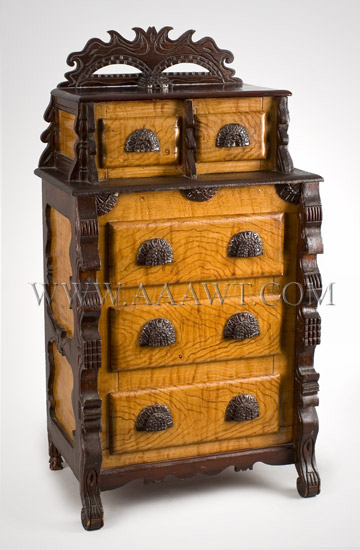 Child's Chest of Drawers, Carved, Stained and Painted, Folk Art
Unknown Maker, Possibly Pennsylvania
Late 19th Century, angle view